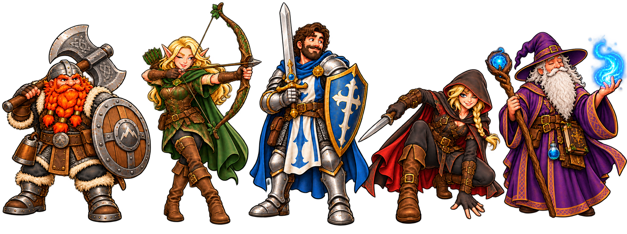 Dwarf tank, elven ranger, paladin, rogue, and mage standing side by side